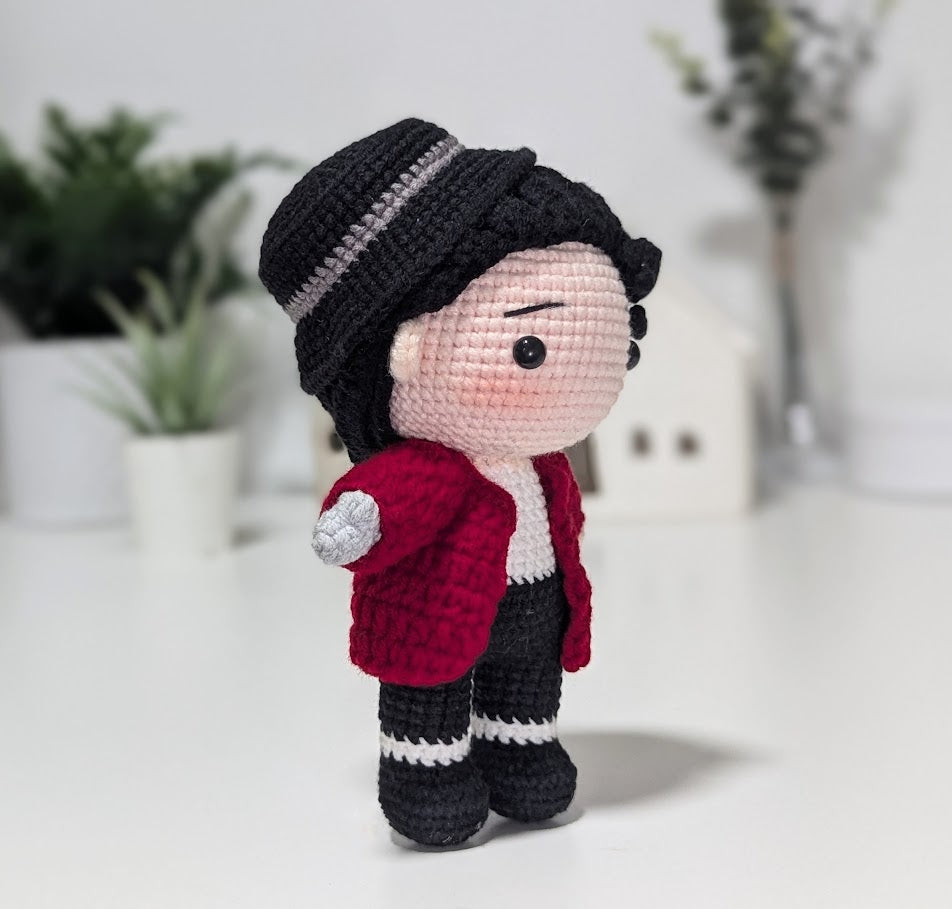 Michael Jackson Doll - Iconic Red Jacket, White Glove, and Hat - King of Pop - Handmade Crochet