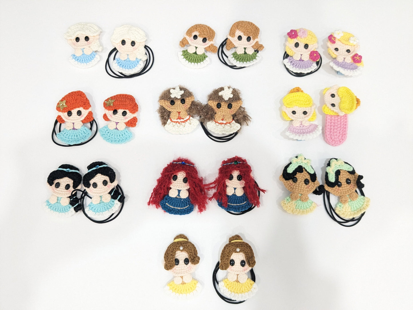 Princess Hair Clips, Hair ties, Hair barrettes, Ariel, Elsa, Anna, Rapunzel, Tiana, Belle, Jasmine, Moana, Meredith, Aurora, Disney, Gift!