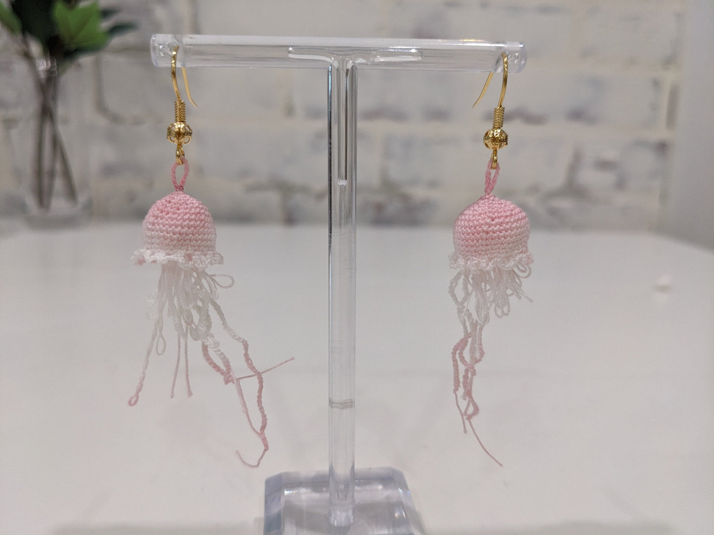 Handmade Micro Crochet Jelly Fish Earrings, Pearl, Gold