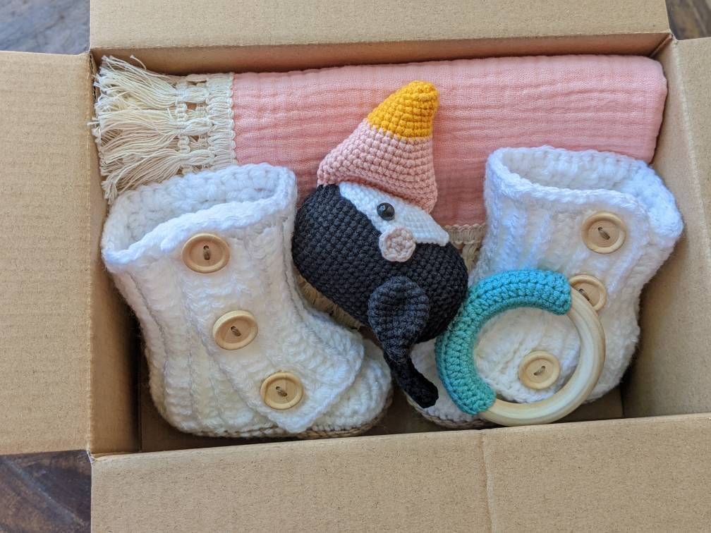 Baby shower gift box, newborn baby present, crochet birdy rattle, crochet baby girl boots,