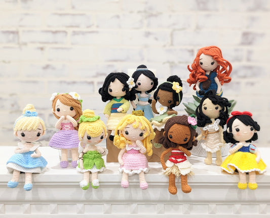 Princess Dolls, Posable Handmade Crochet Amigurumi Dolls Moana, Cinderella, Belle, Snow White, Rapunzel, Tiana, Jasmine, Merida