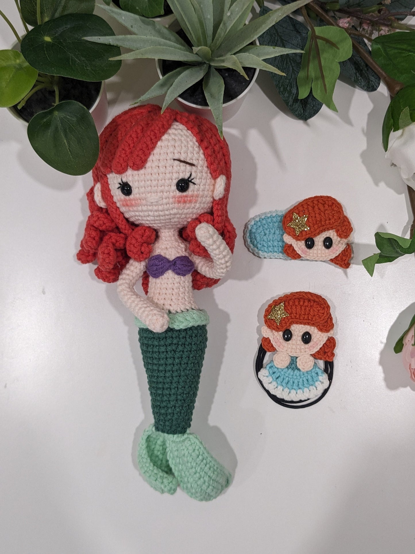Princess doll, hair clips, scrunchie, hand made crochet, present for girls, birthday gifts