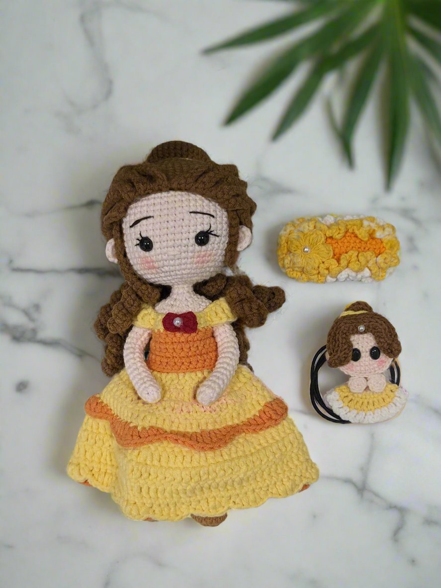 Princess doll, hair clips, scrunchie, hand made crochet, present for girls, birthday gifts