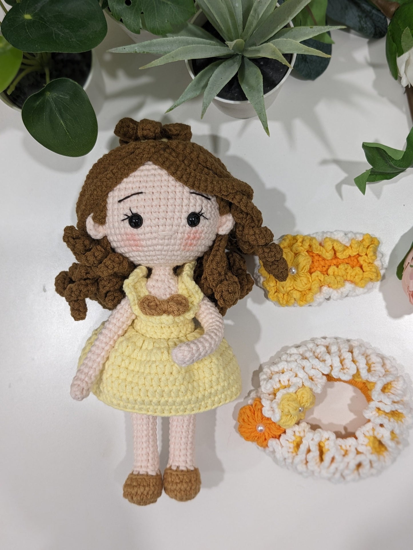 Princess doll, hair clips, scrunchie, hand made crochet, present for girls, birthday gifts