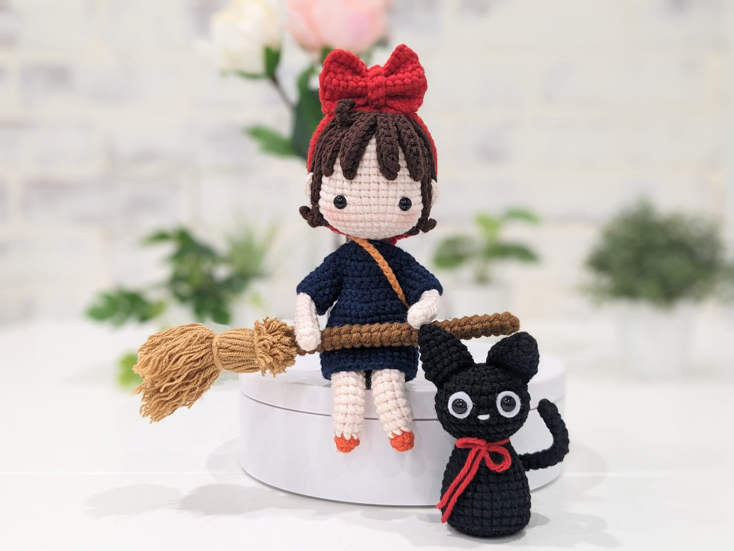 Kiki Doll with her Kitty and Broom, Kiki's Delivery Service, hand made crochet, Miyazaki Studio Ghibli Animation, Anime, Ready made in stock