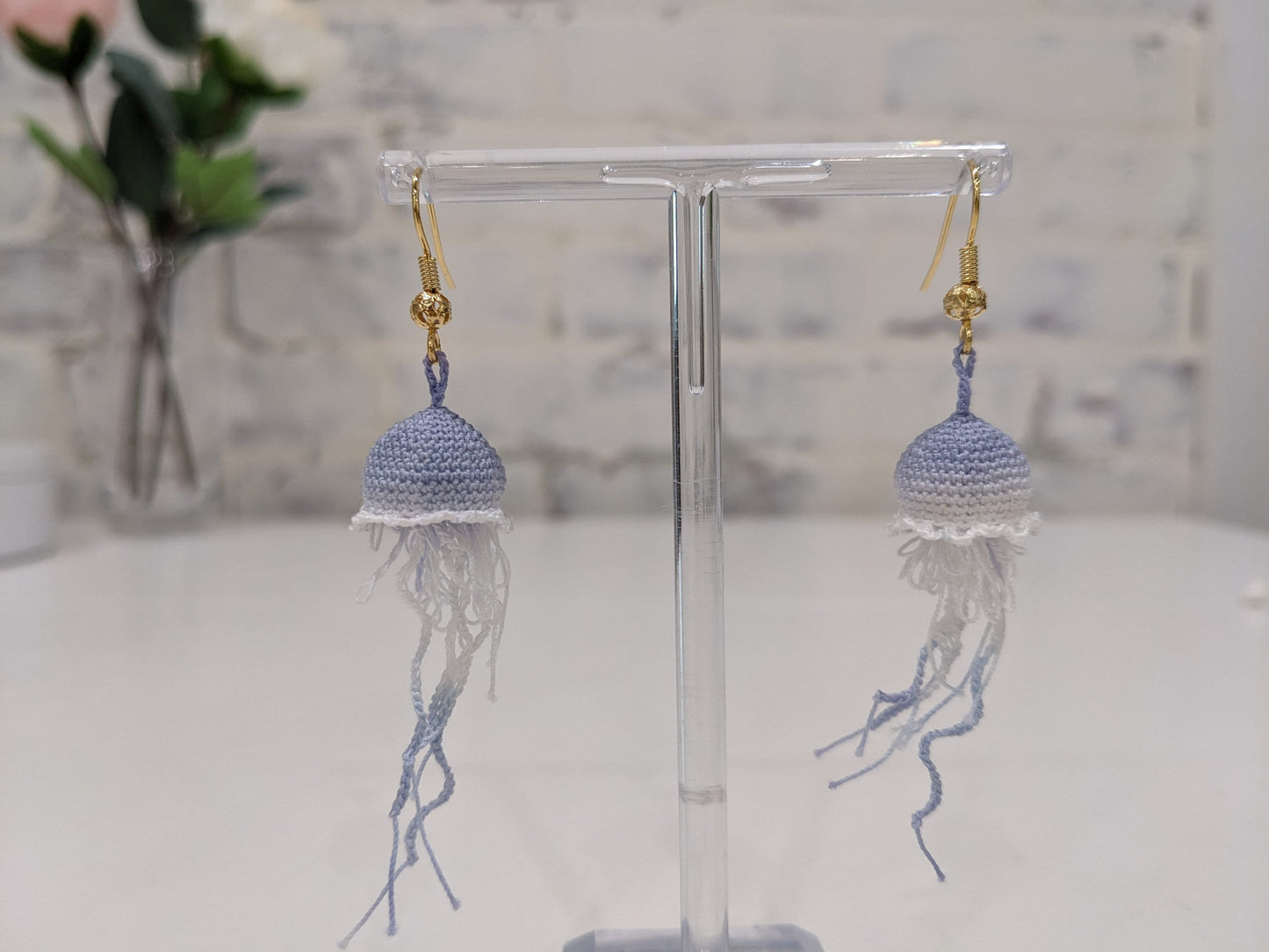 Handmade Micro Crochet Jelly Fish Earrings, Pearl, Gold