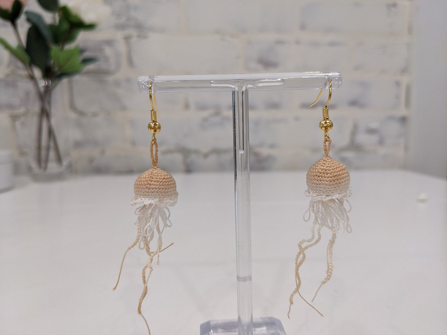 Handmade Micro Crochet Jelly Fish Earrings, Pearl, Gold