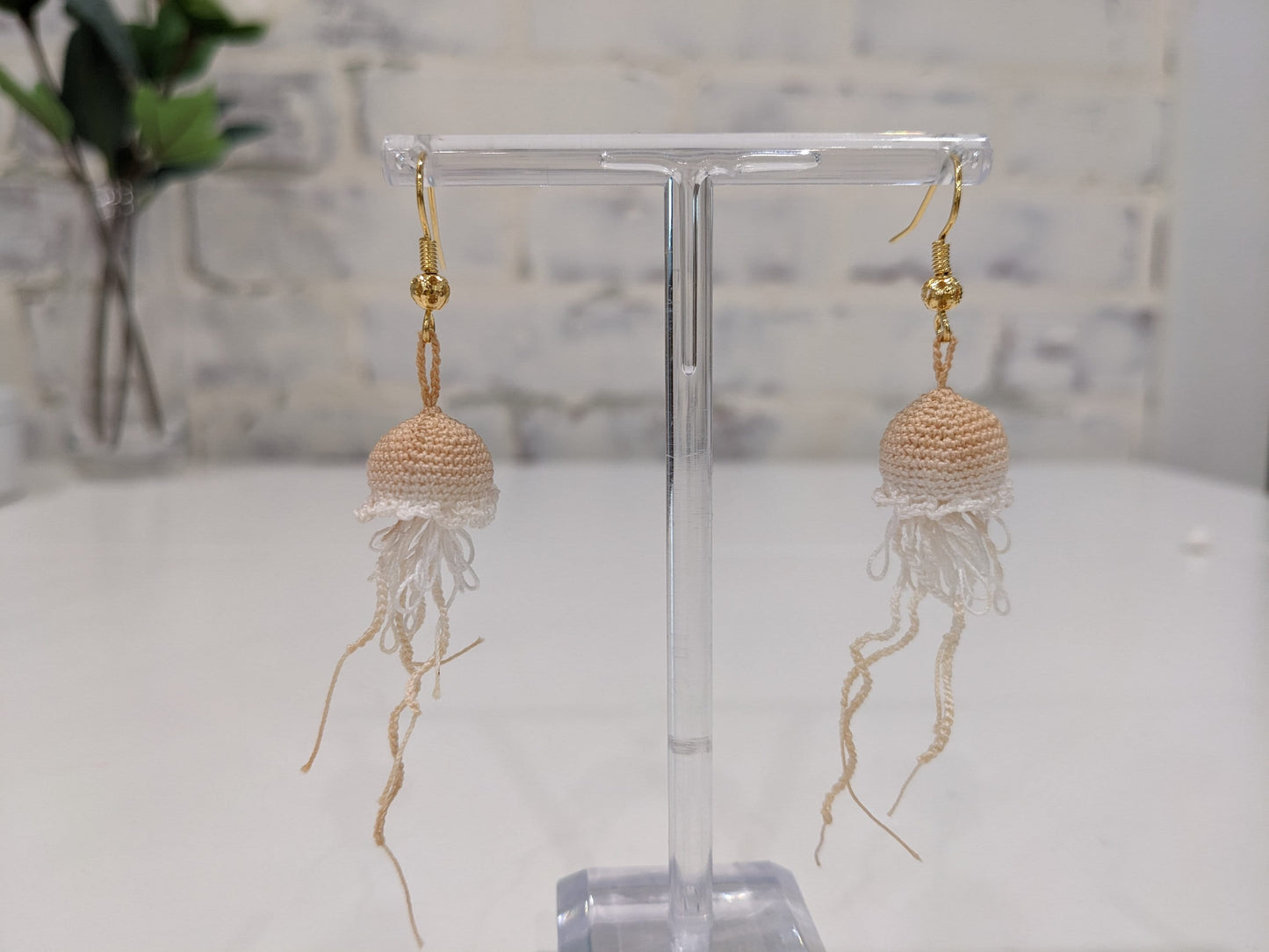 Handmade Micro Crochet Jelly Fish Earrings, Pearl, Gold