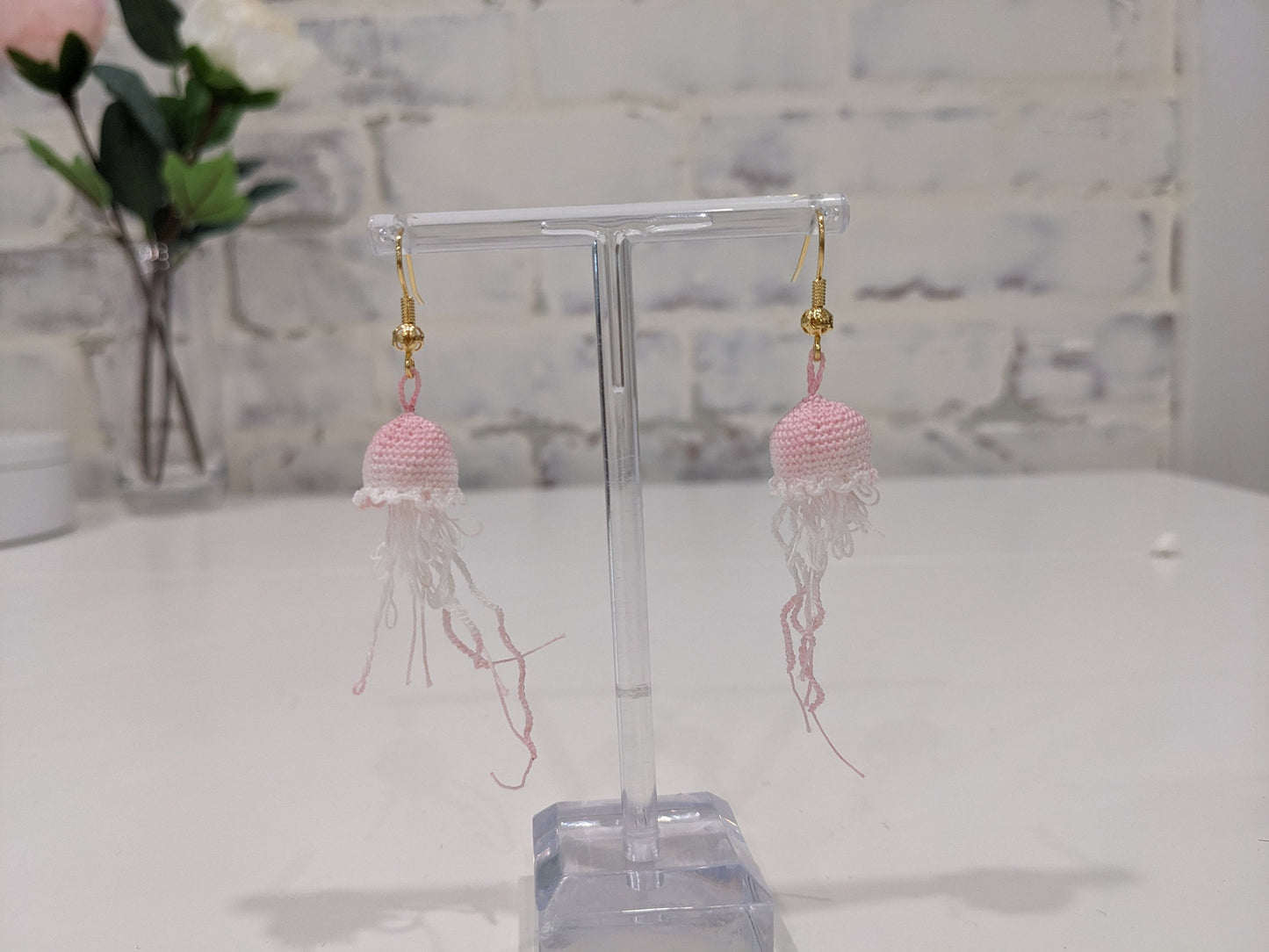 Handmade Micro Crochet Jelly Fish Earrings, Pearl, Gold