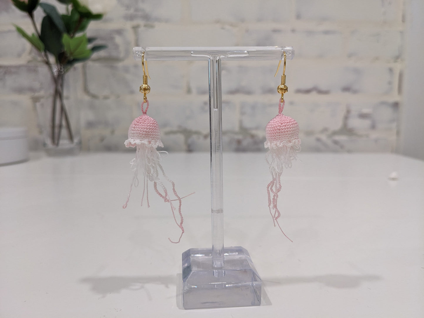 Handmade Micro Crochet Jelly Fish Earrings, Pearl, Gold