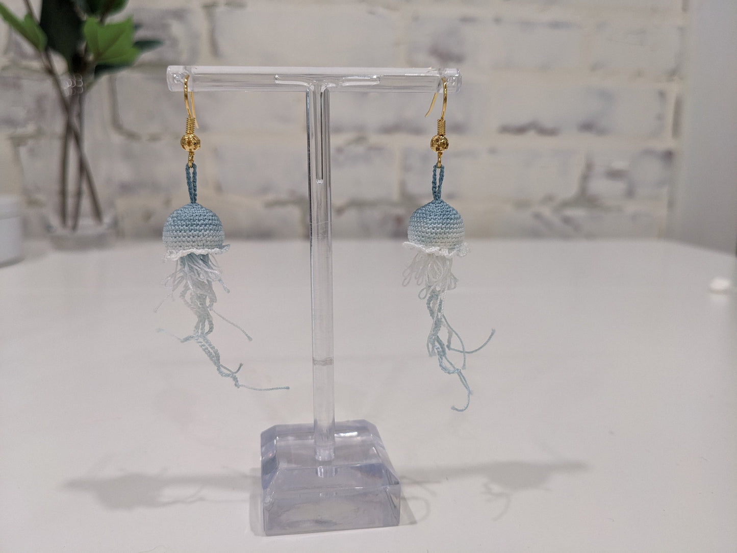 Handmade Micro Crochet Jelly Fish Earrings, Pearl, Gold
