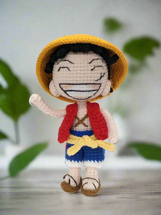 Luffy Amigurumi Doll - Fully Posable with Removable Clothing - Handmade Crochet -Ready to Ship