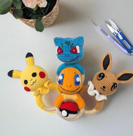 Baby Rattle - Pokémon - Pikachu, Evee, Charmander, Handmade Crochet Baby Shower Gift