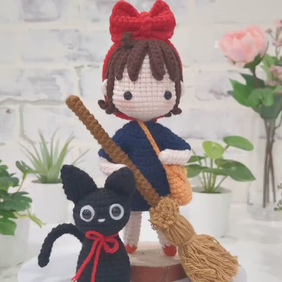 Kiki Doll with her Kitty and Broom, Kiki's Delivery Service, hand made crochet, Miyazaki Studio Ghibli Animation, Anime, Ready made in stock