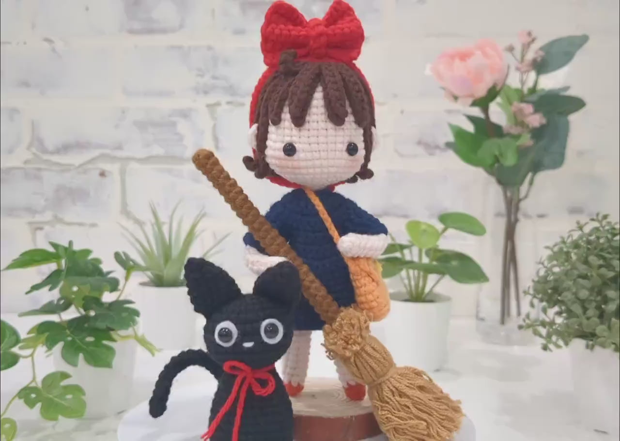 Kiki Doll with her Kitty and Broom, Kiki's Delivery Service, hand made crochet, Miyazaki Studio Ghibli Animation, Anime, Ready made in stock