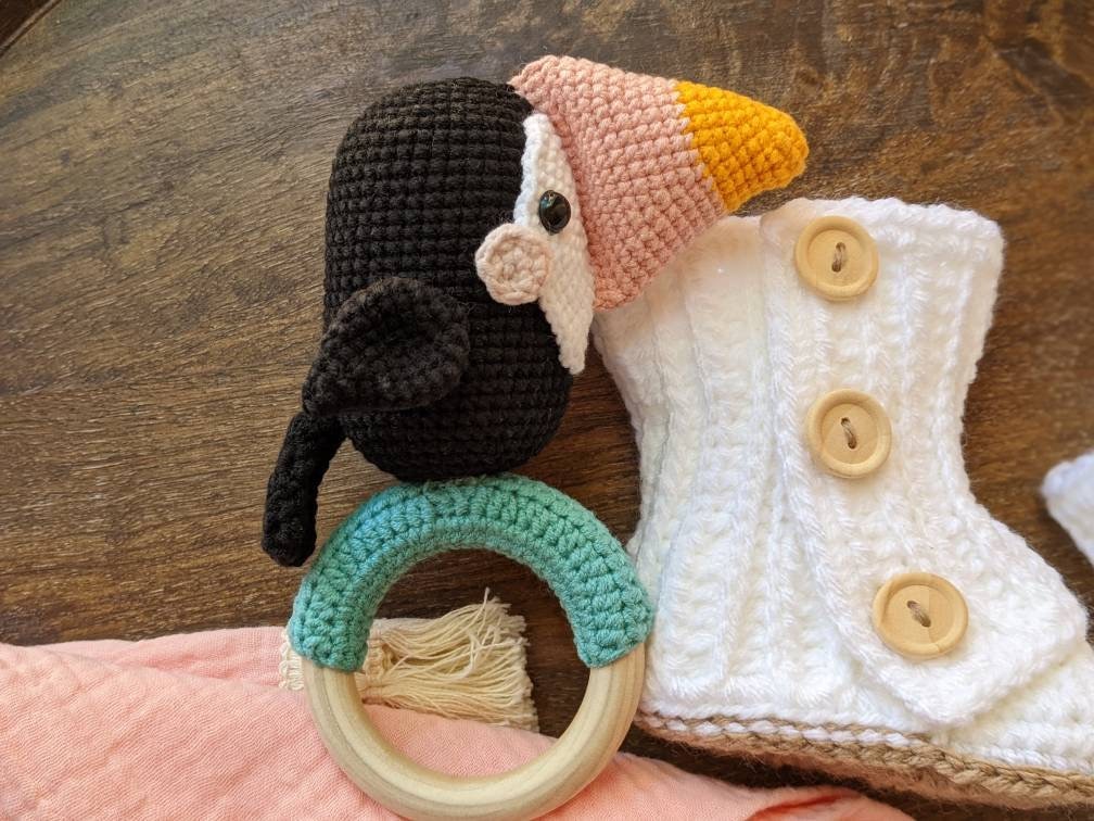 Baby shower gift box, newborn baby present, crochet birdy rattle, crochet baby girl boots,