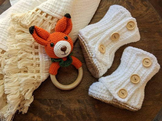 Baby shower gift box, newborn baby present, crochet fox rattle, crochet baby girl boots,