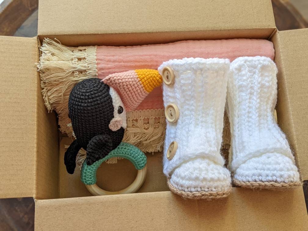Baby shower gift box, newborn baby present, crochet birdy rattle, crochet baby girl boots,