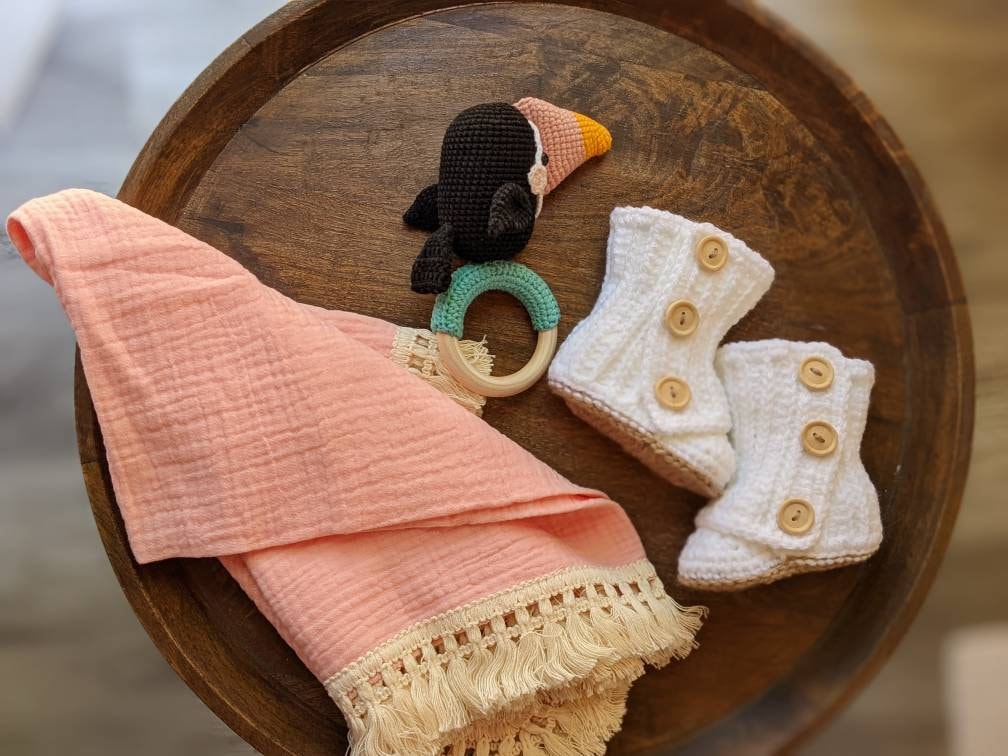 Baby shower gift box, newborn baby present, crochet birdy rattle, crochet baby girl boots,