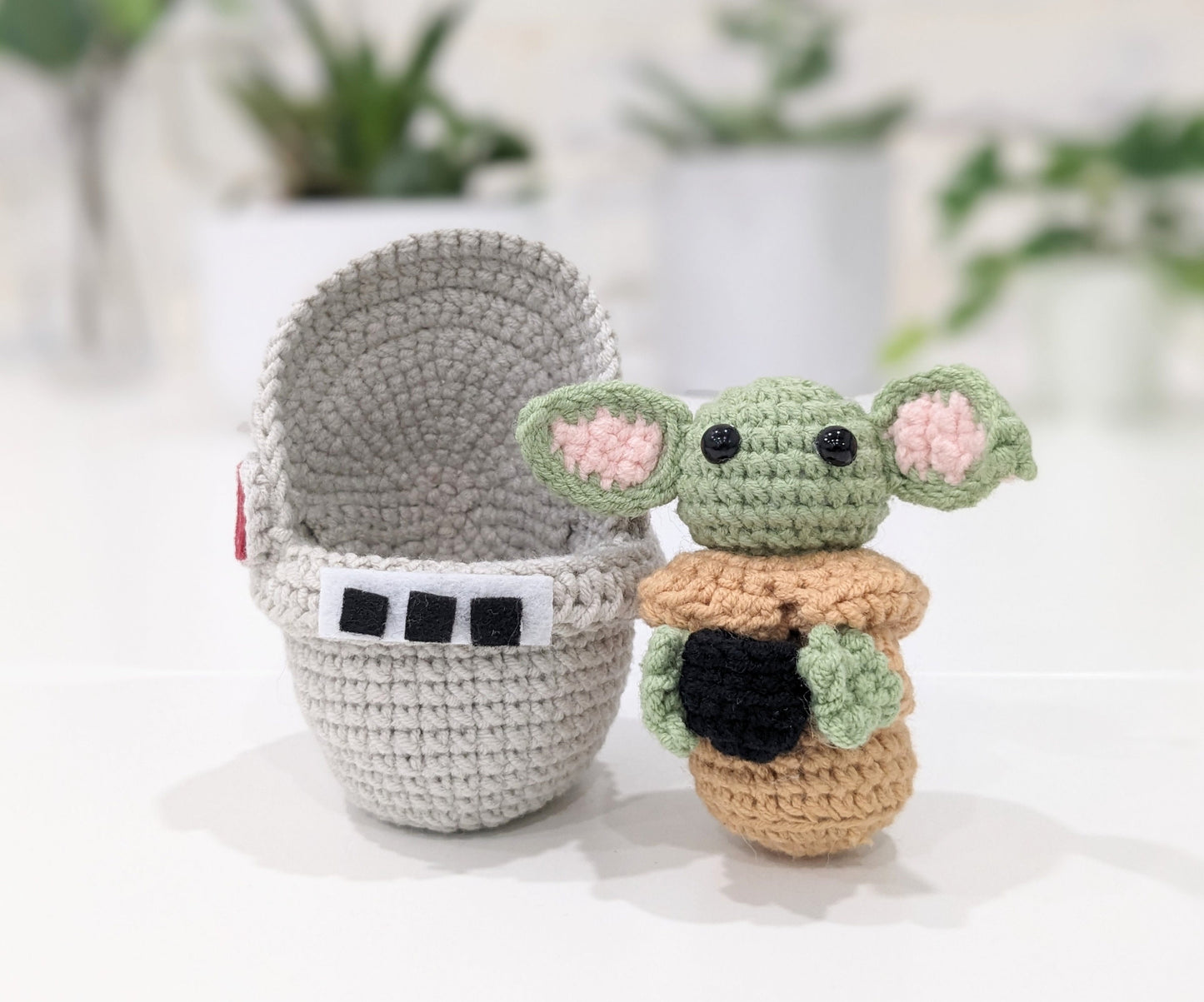 Baby Yoda, Grogu, and Pram, Pod Stroller, Handmade Crochet, Amigurumi doll