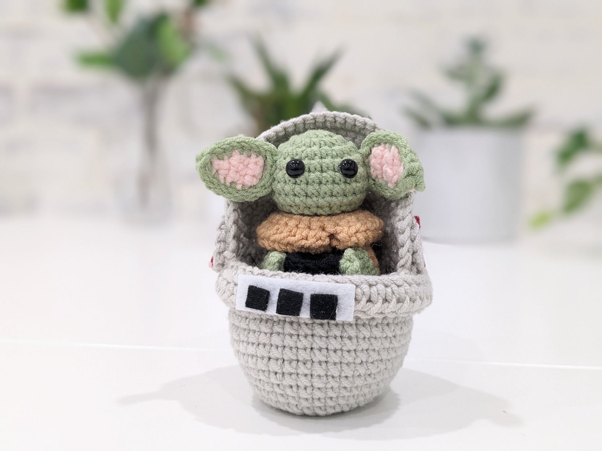 Baby Yoda, Grogu, and Pram, Pod Stroller, Handmade Crochet, Amigurumi doll