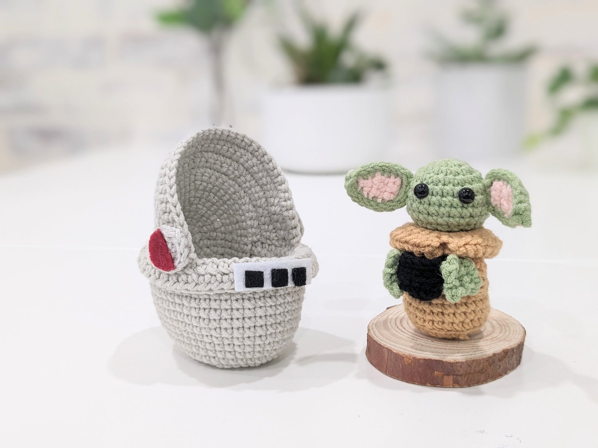 Baby Yoda, Grogu, and Pram, Pod Stroller, Handmade Crochet, Amigurumi doll