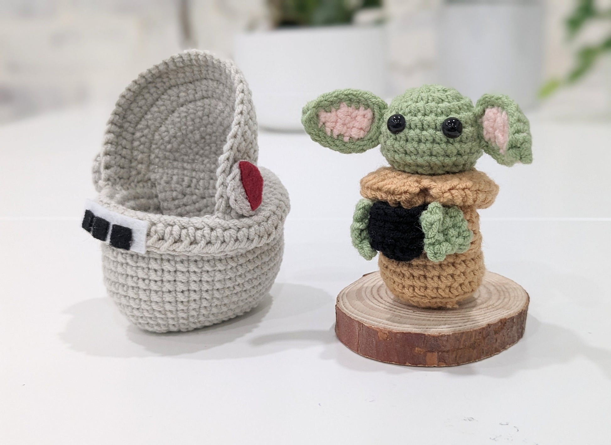 Baby Yoda, Grogu, and Pram, Pod Stroller, Handmade Crochet, Amigurumi doll