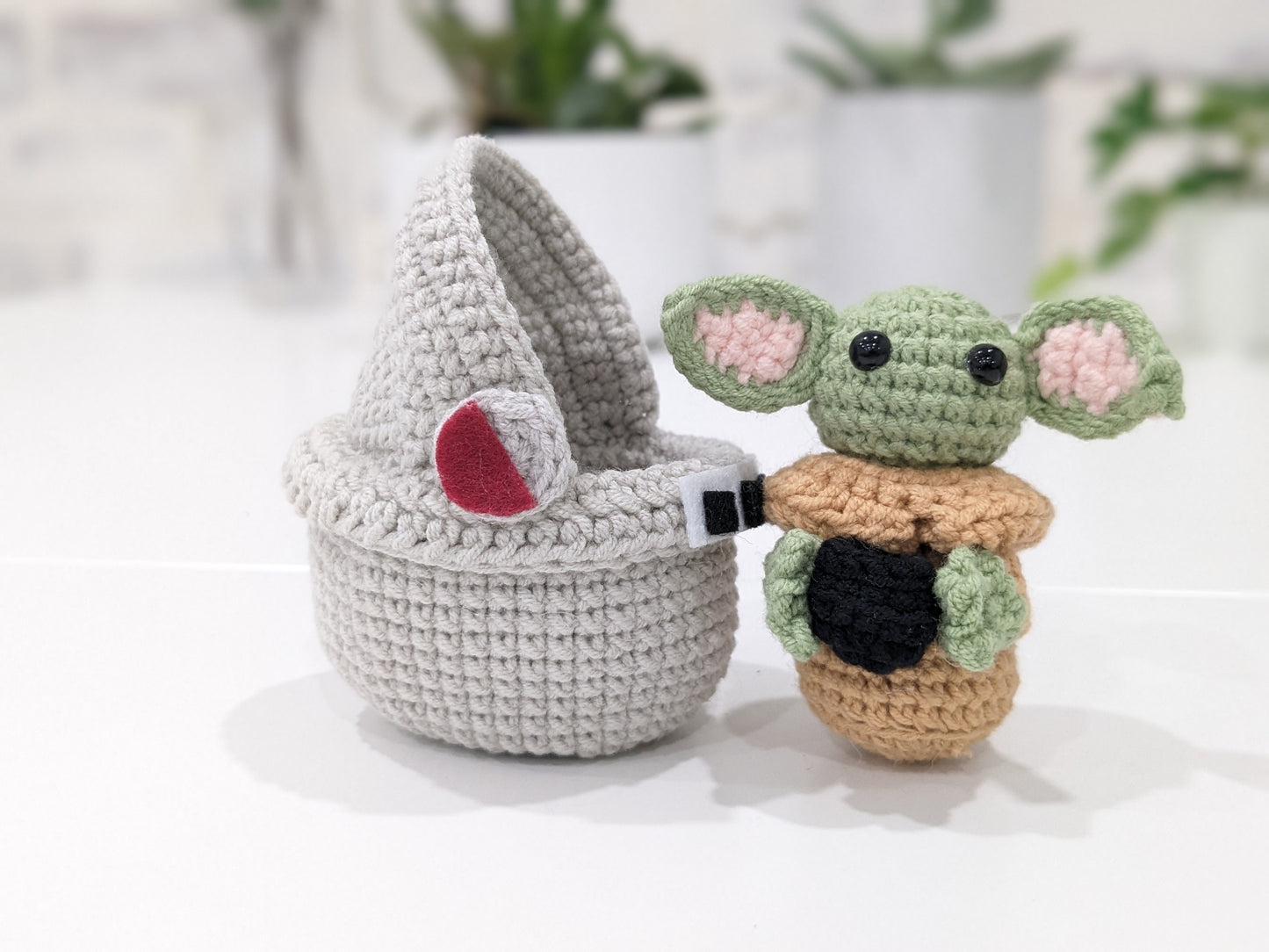 Baby Yoda, Grogu, and Pram, Pod Stroller, Handmade Crochet, Amigurumi doll