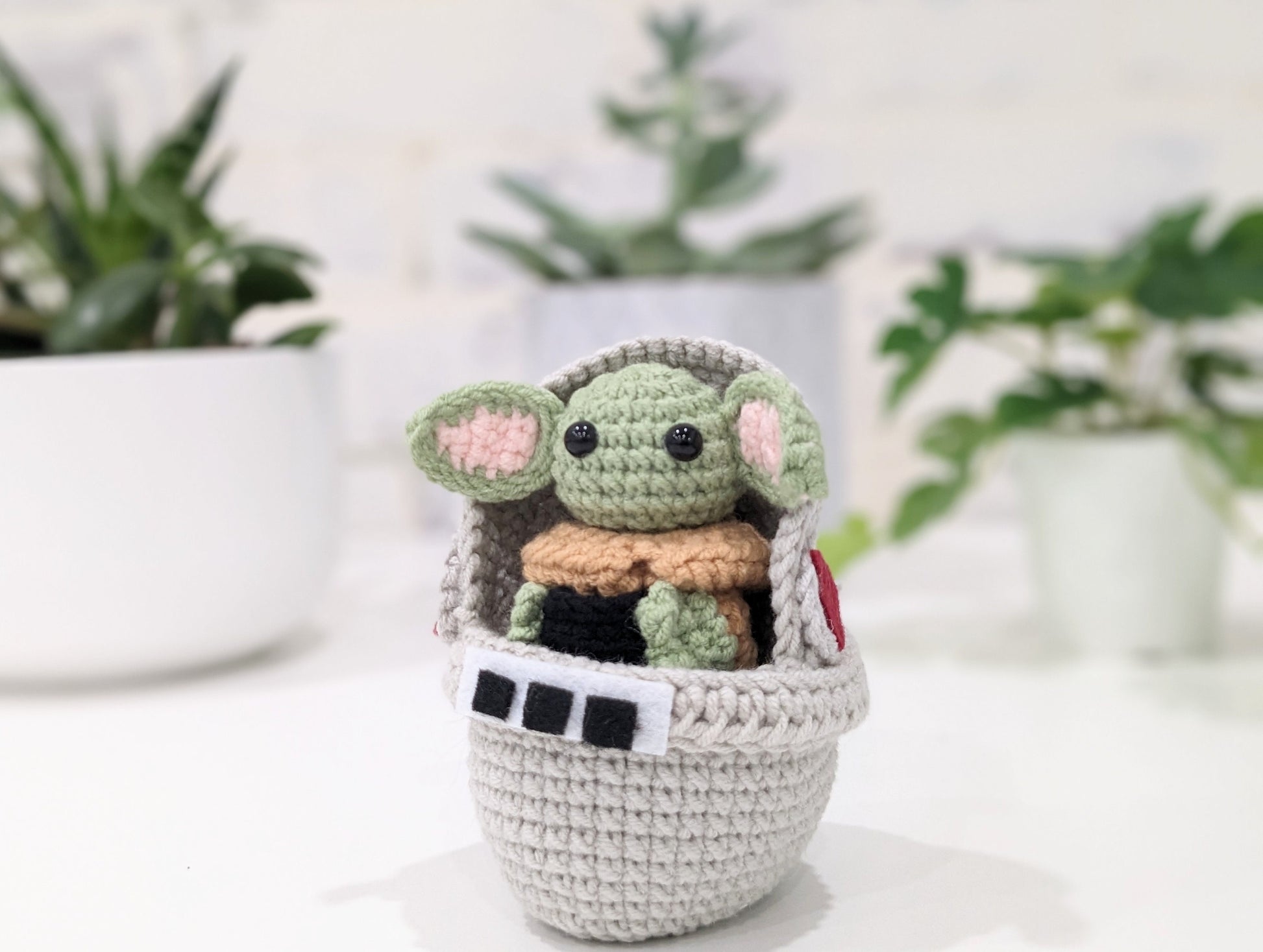 Baby Yoda, Grogu, and Pram, Pod Stroller, Handmade Crochet, Amigurumi doll