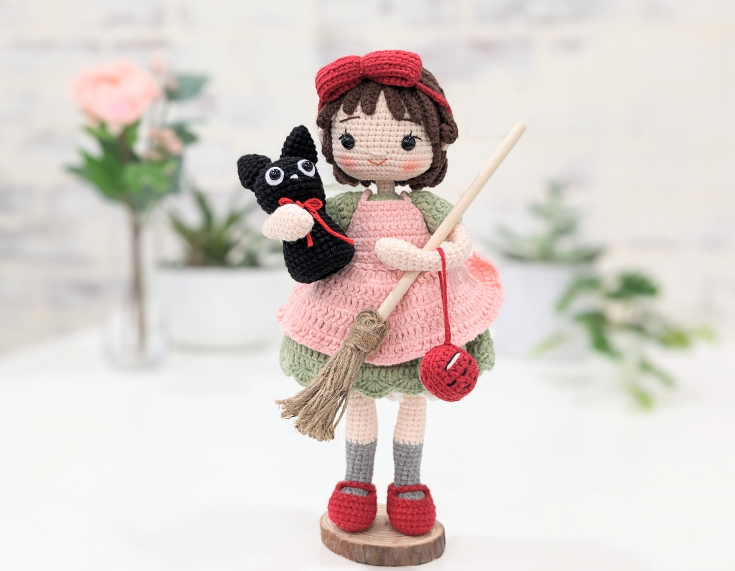 Kiki Doll with her Kitty, Jiji, radio and broom from Kiki's Delivery Service, Handmade Crochet, Miyazaki Studio Ghibli Animation, Anime