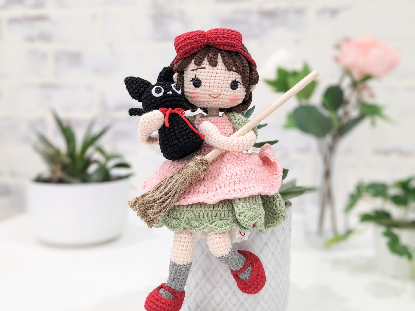 Kiki Doll with her Kitty, Jiji, radio and broom from Kiki's Delivery Service, Handmade Crochet, Miyazaki Studio Ghibli Animation, Anime