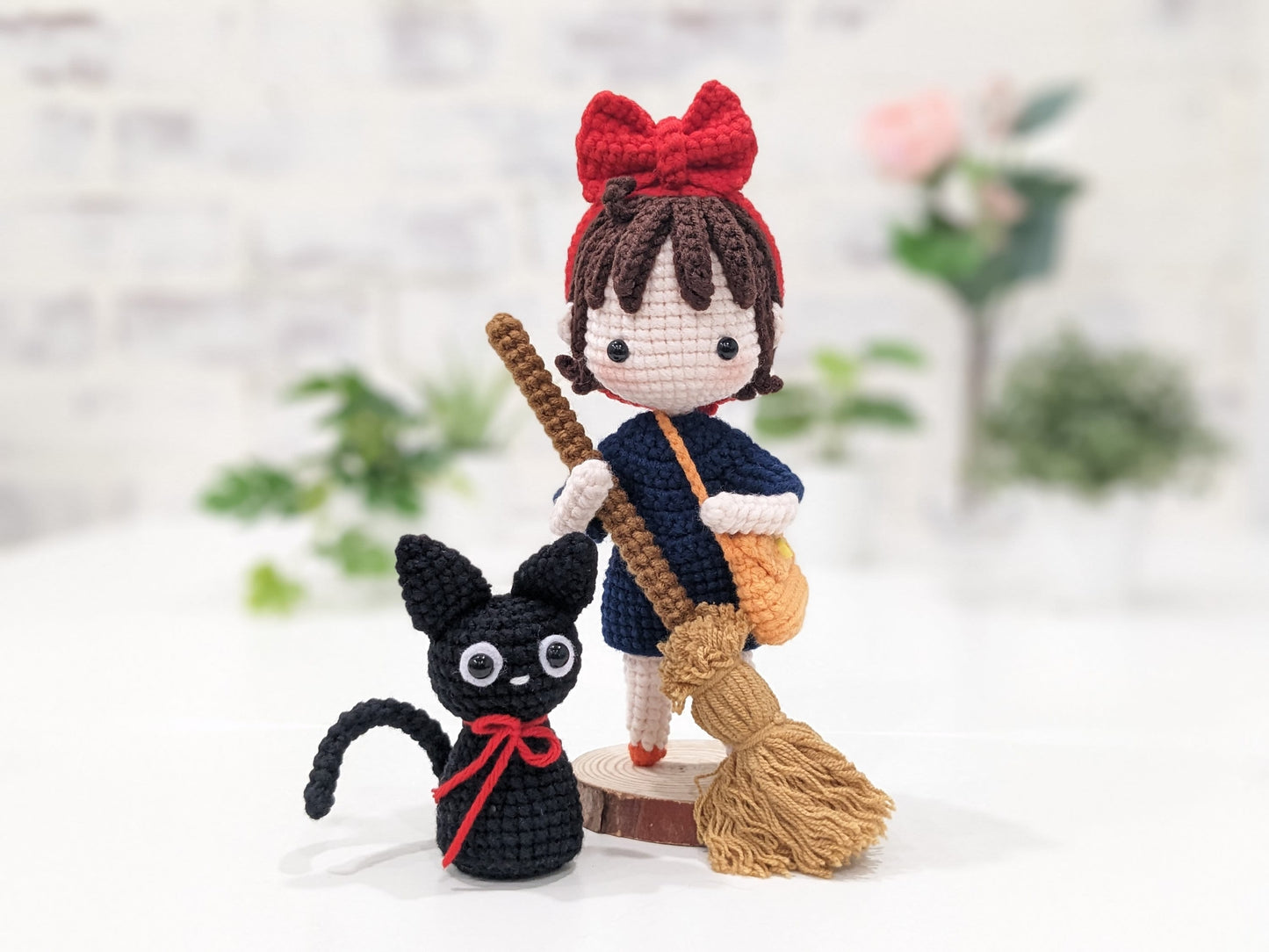 Kiki Doll with her Kitty and Broom, Kiki's Delivery Service, hand made crochet, Miyazaki Studio Ghibli Animation, Anime, Ready made in stock