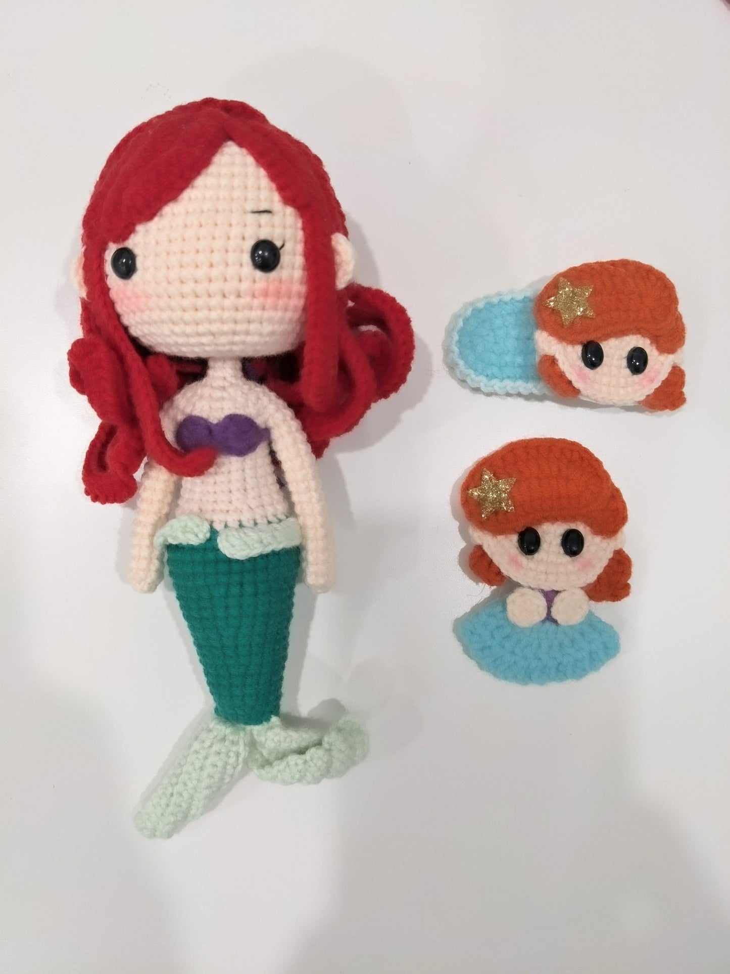 Princess Ariel Fairy Tale doll set with hair clips, crochet, present for girls, birthday gifts